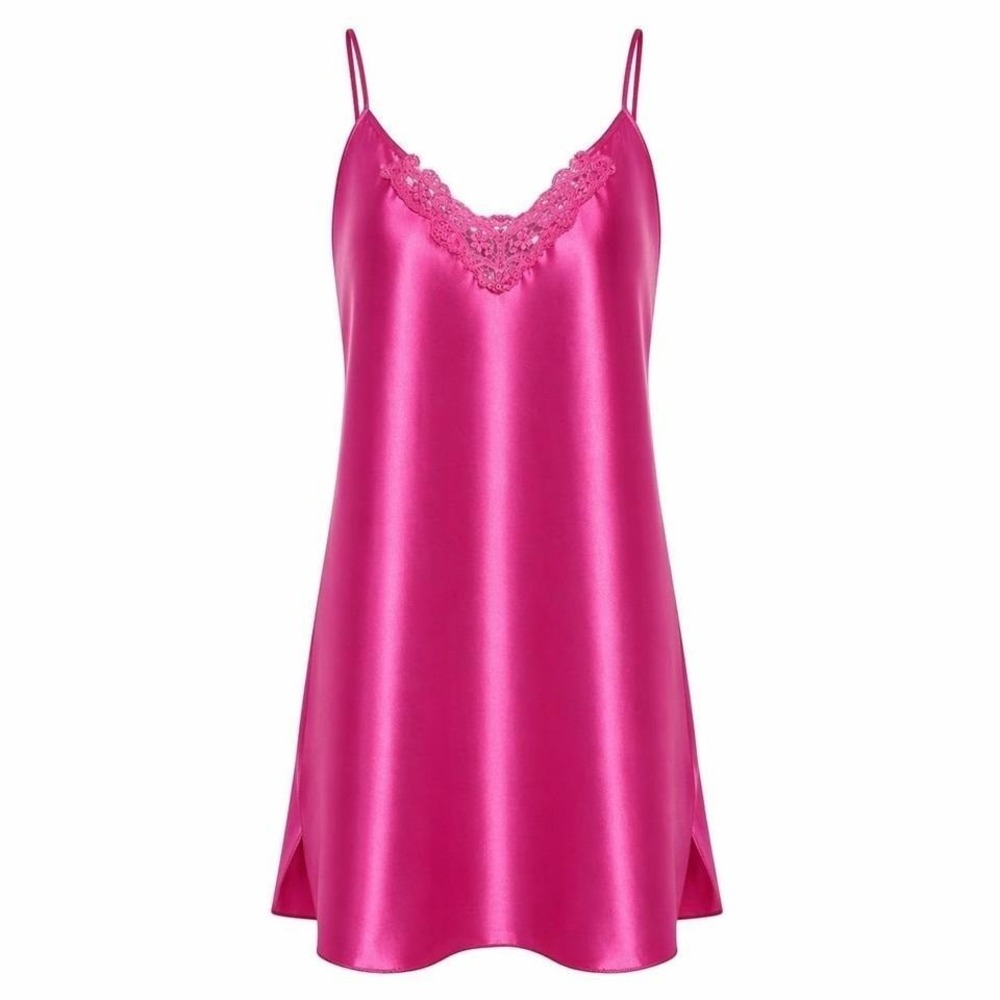 Vintage Lucie Ann Pink Satin Slip Dress Lace Trim Y2K Lingerie Mini